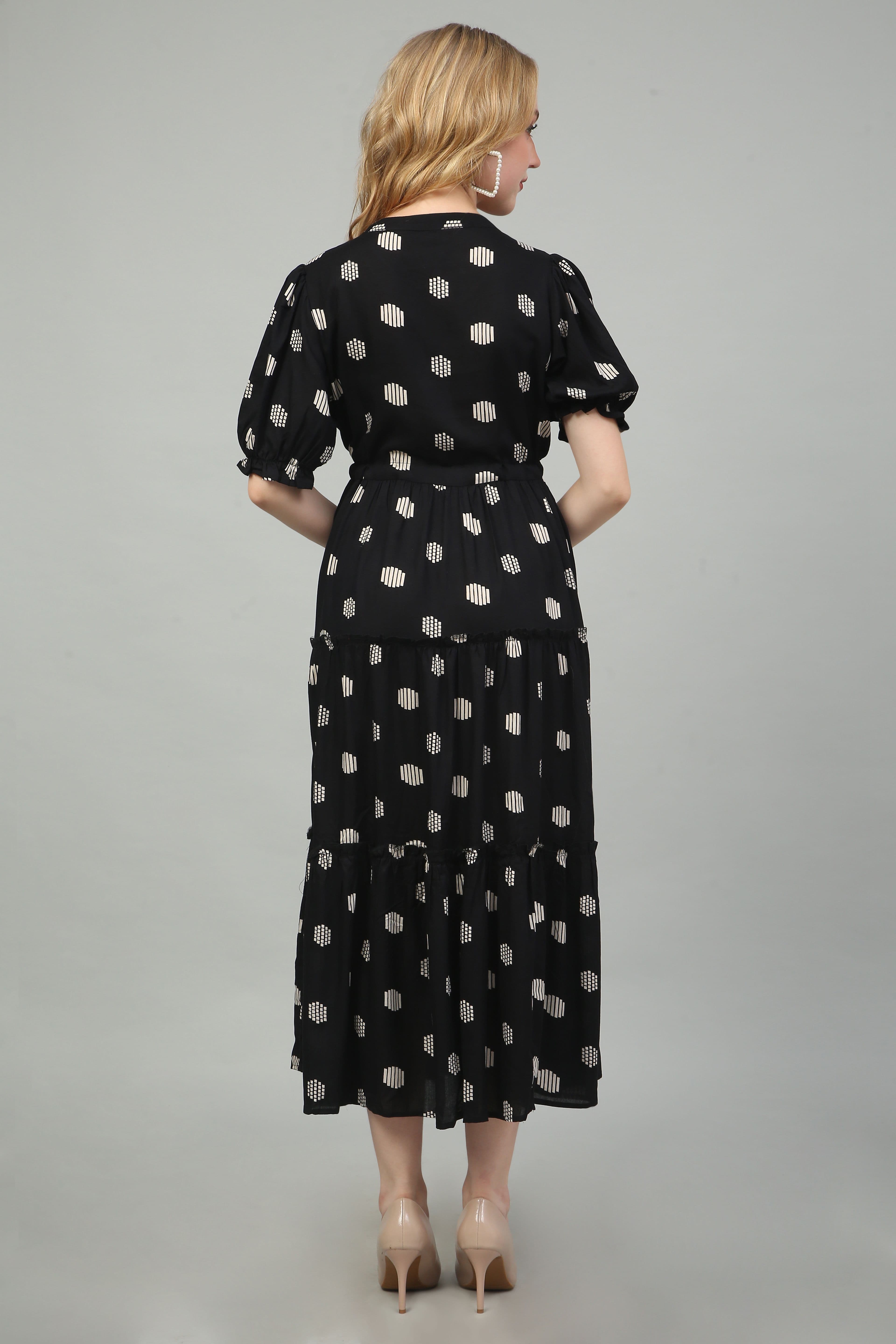 Black Polka Dot Tiered Midi Dress
