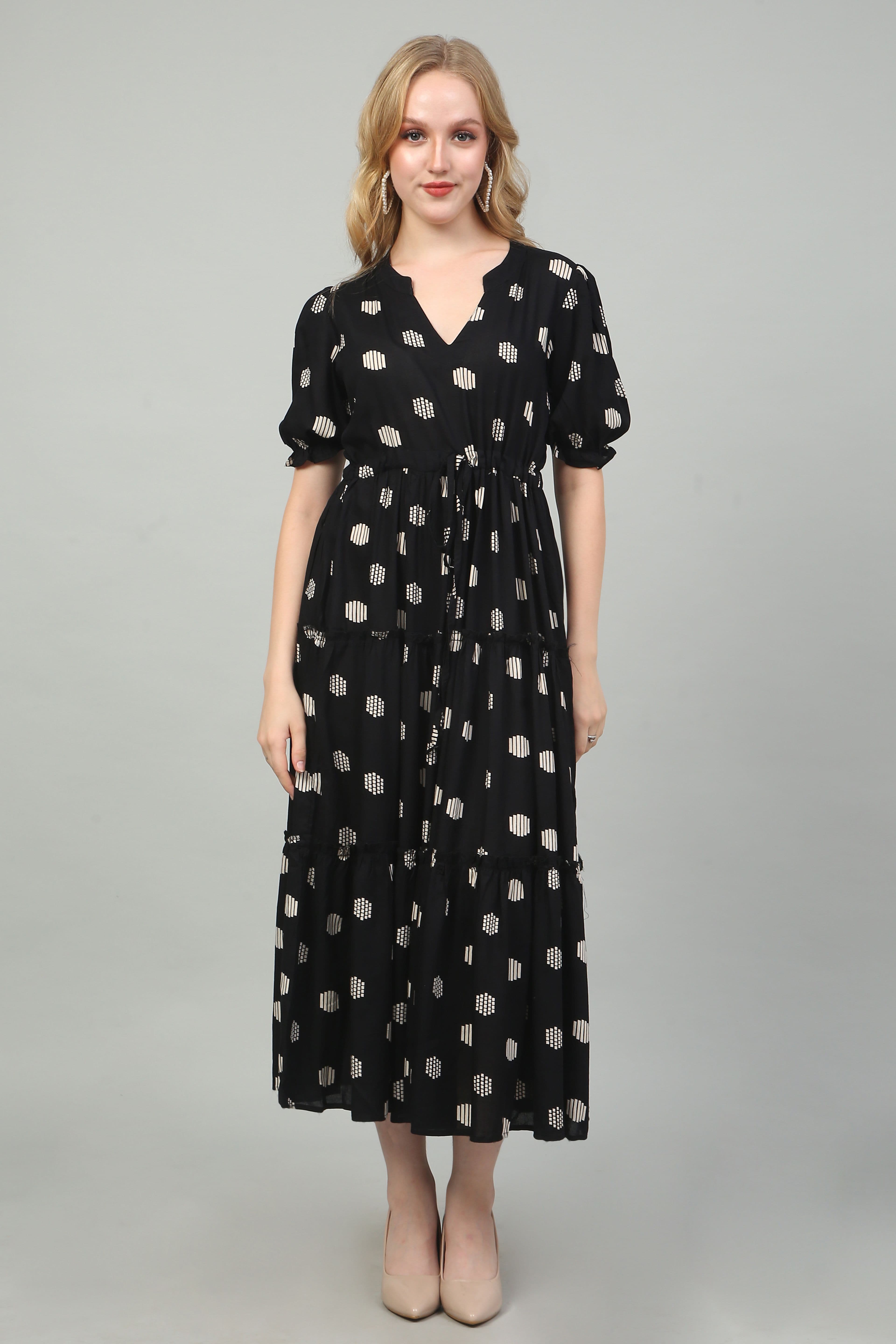 Black Polka Dot Tiered Midi Dress