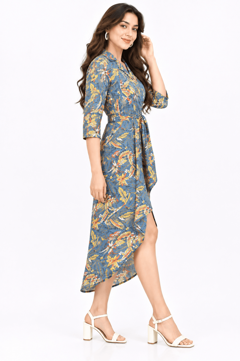 Blue Floral Collared Tie-Waist Midi Dress