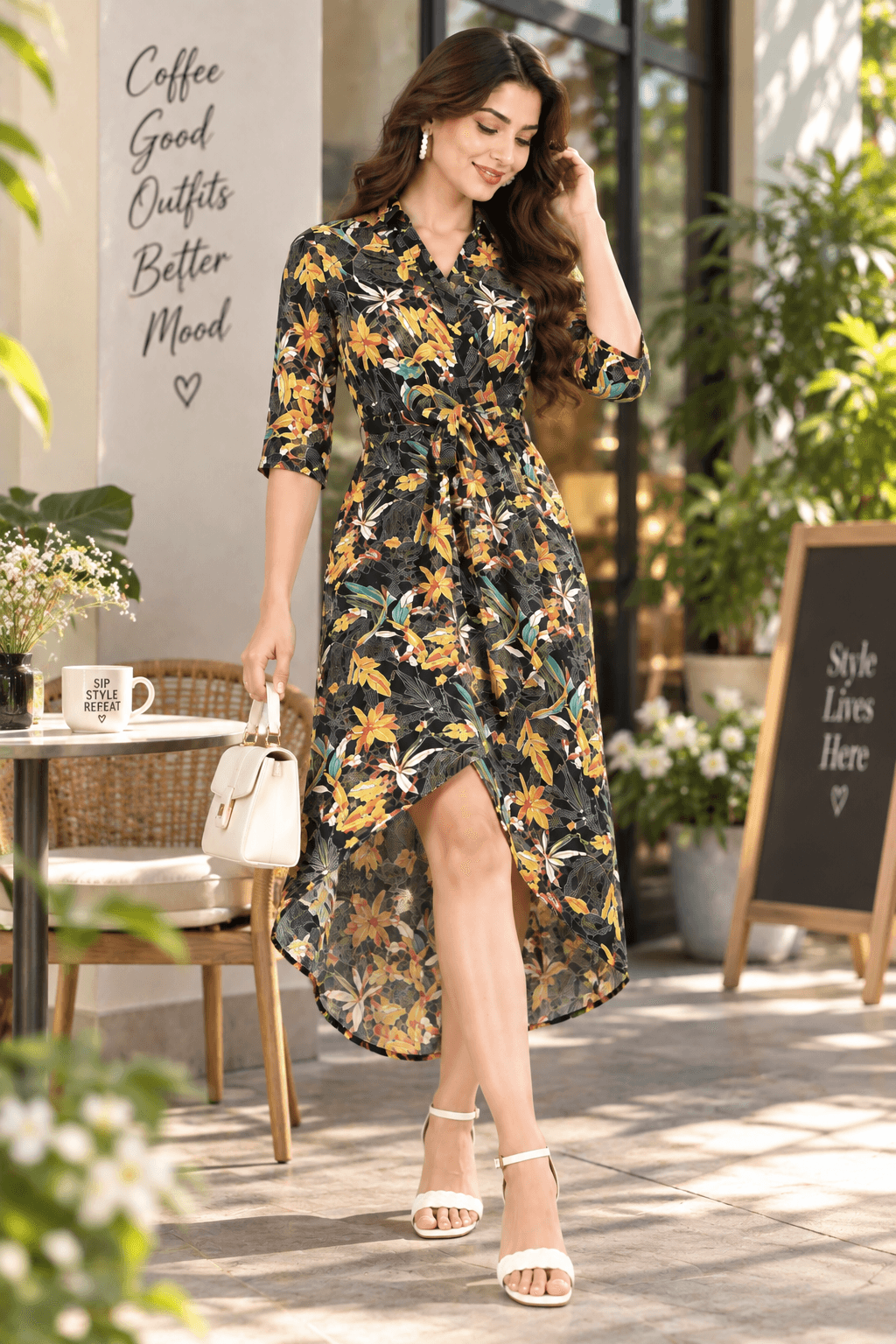 Floral Collared Tie-Waist Midi Dress
