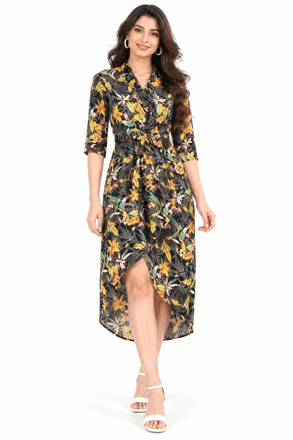 Floral Collared Tie-Waist Midi Dress