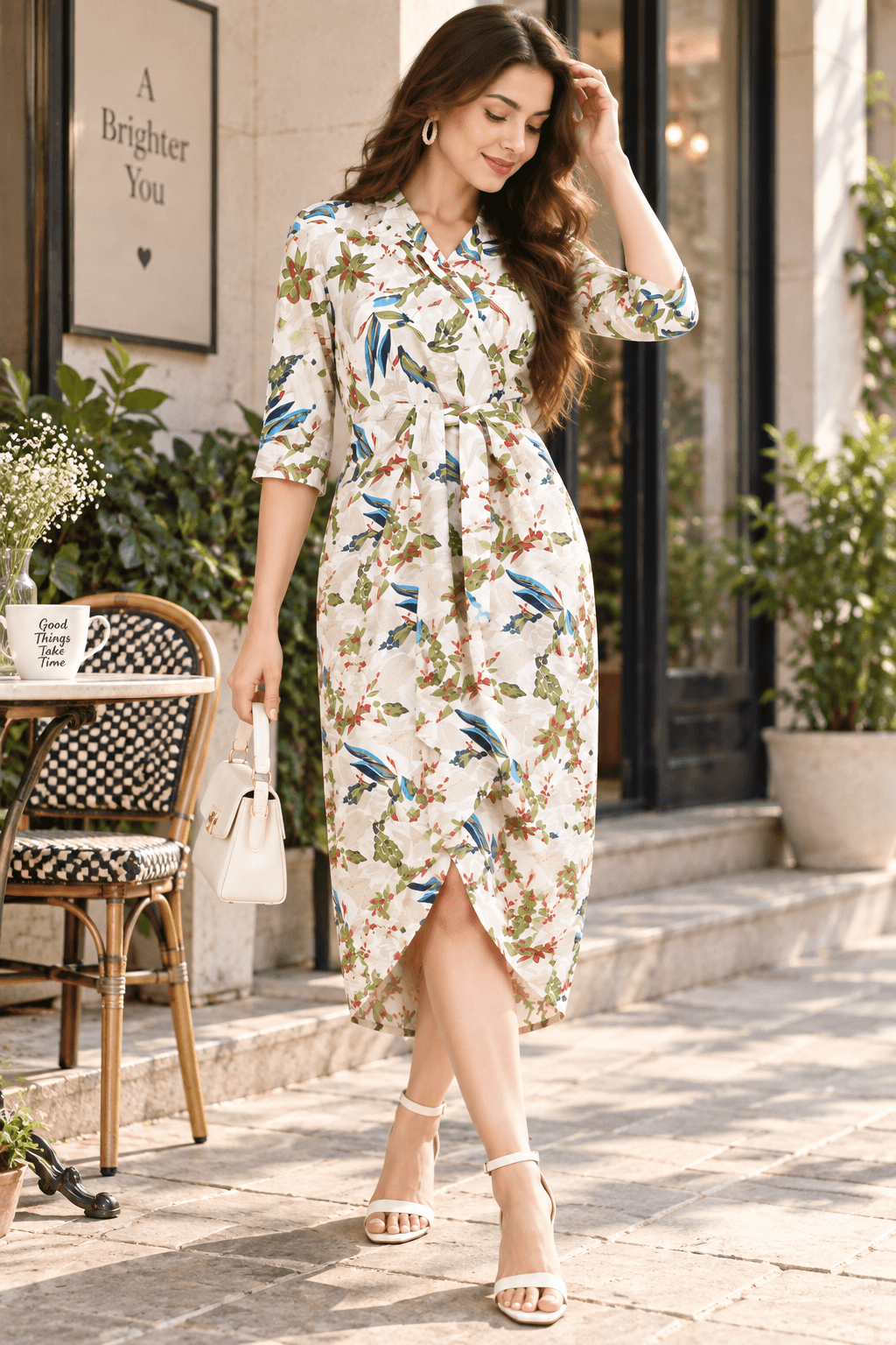 Tropical Floral Collared Wrap Midi Dress