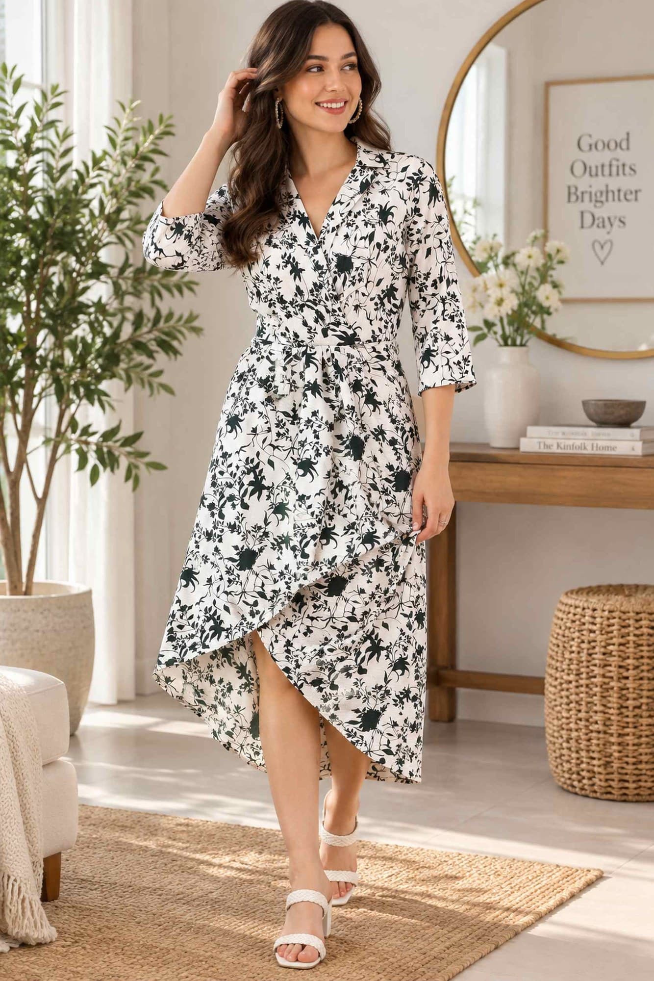 White Floral Crepe Midi Wrap Dress